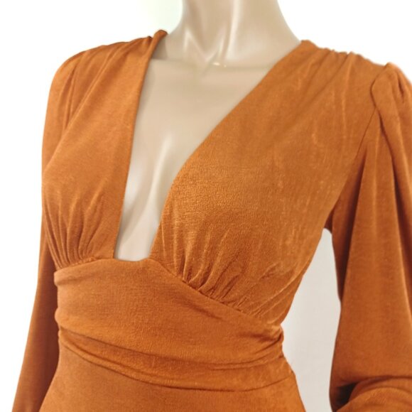 LS Plunging Neck Line High Waist Stretch Midi Dress M - Picture 2 of 5